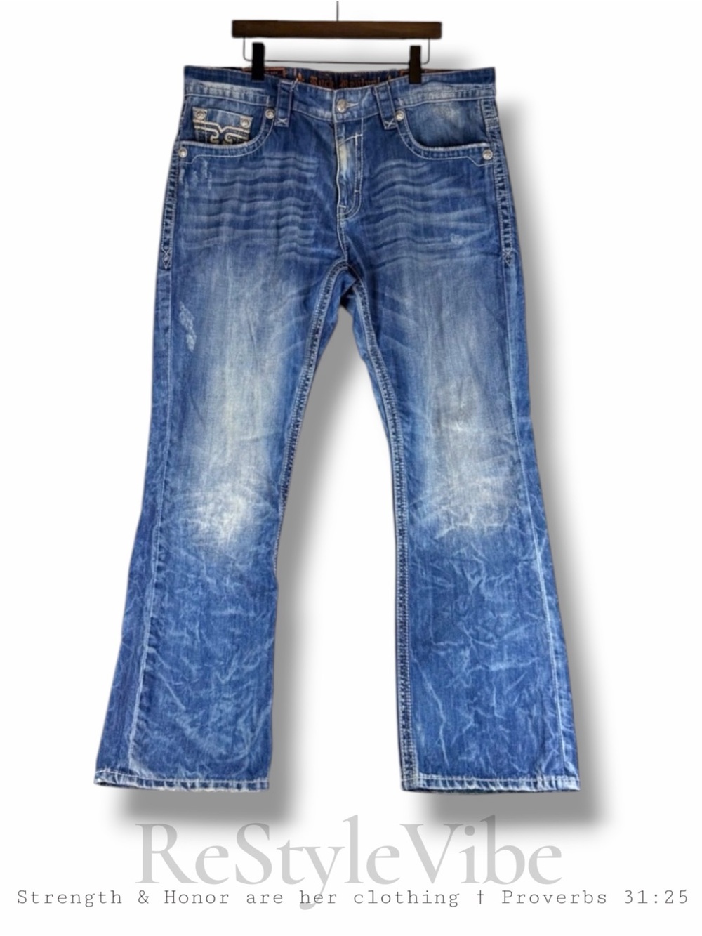 ROCK REVIVAL Men’s Size 38 Denim Jeans Victor Style Straight Fit 100% Cotton